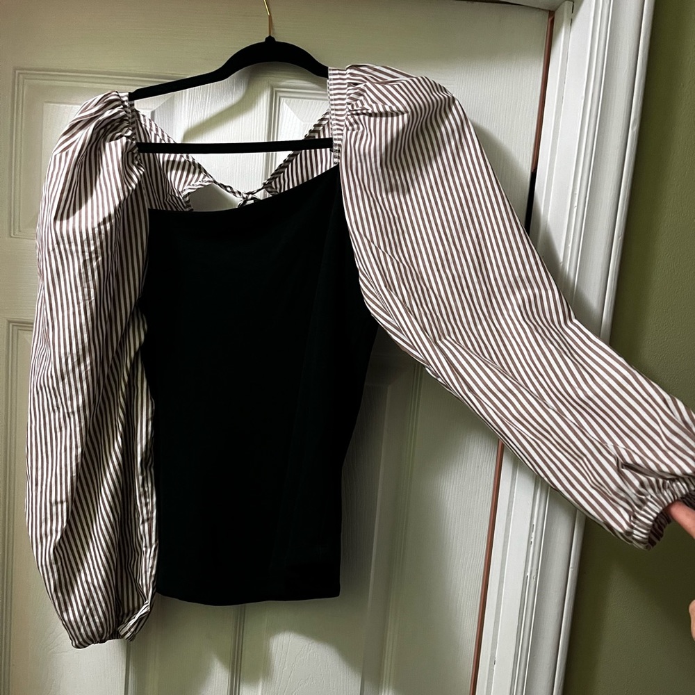 Maeve Anthropologie Open Back Puff Stripe Sleeve Blouse Size Large